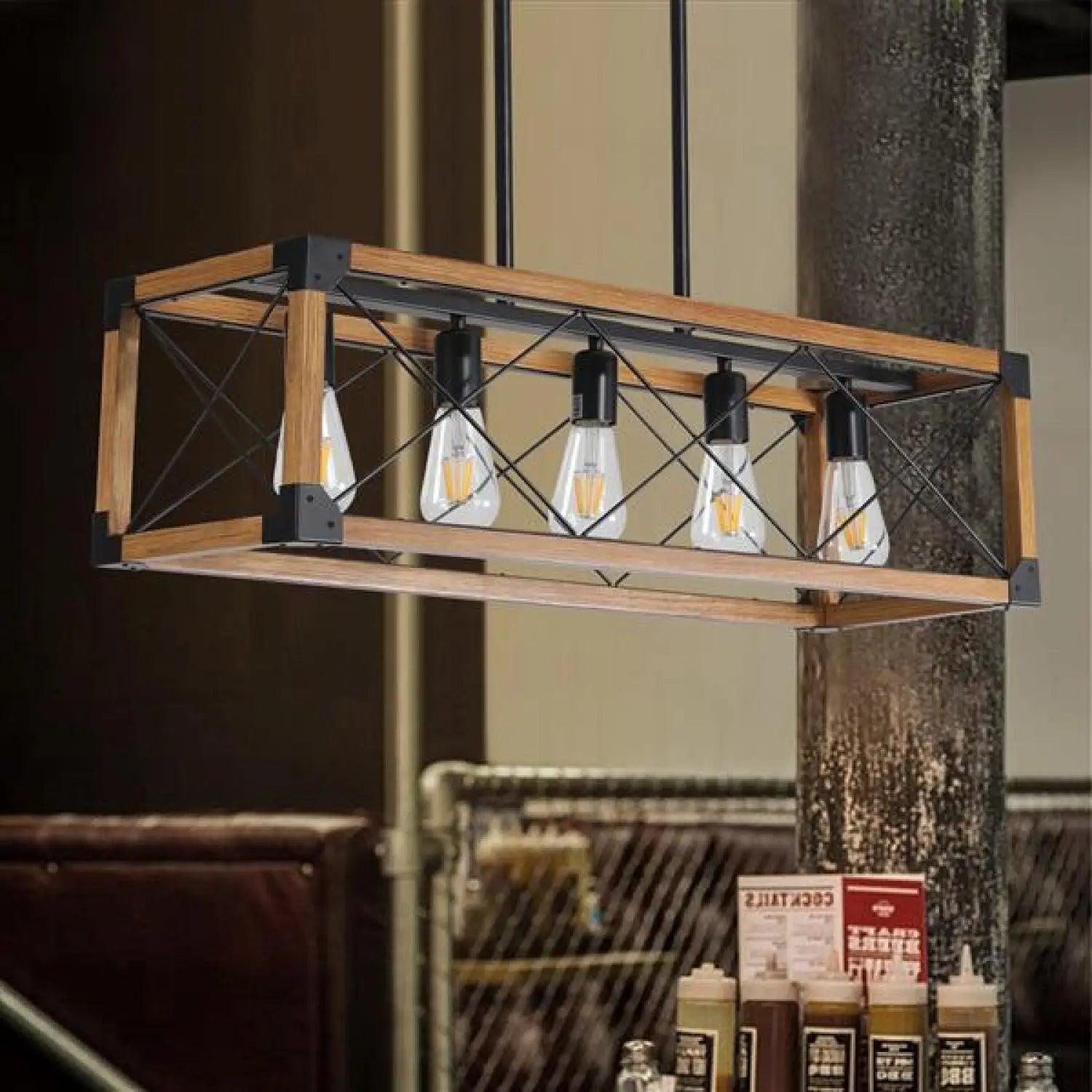 Vintage Wood Pendant Light – 5 Light Hanging Fixture - Wood - Light Fixture