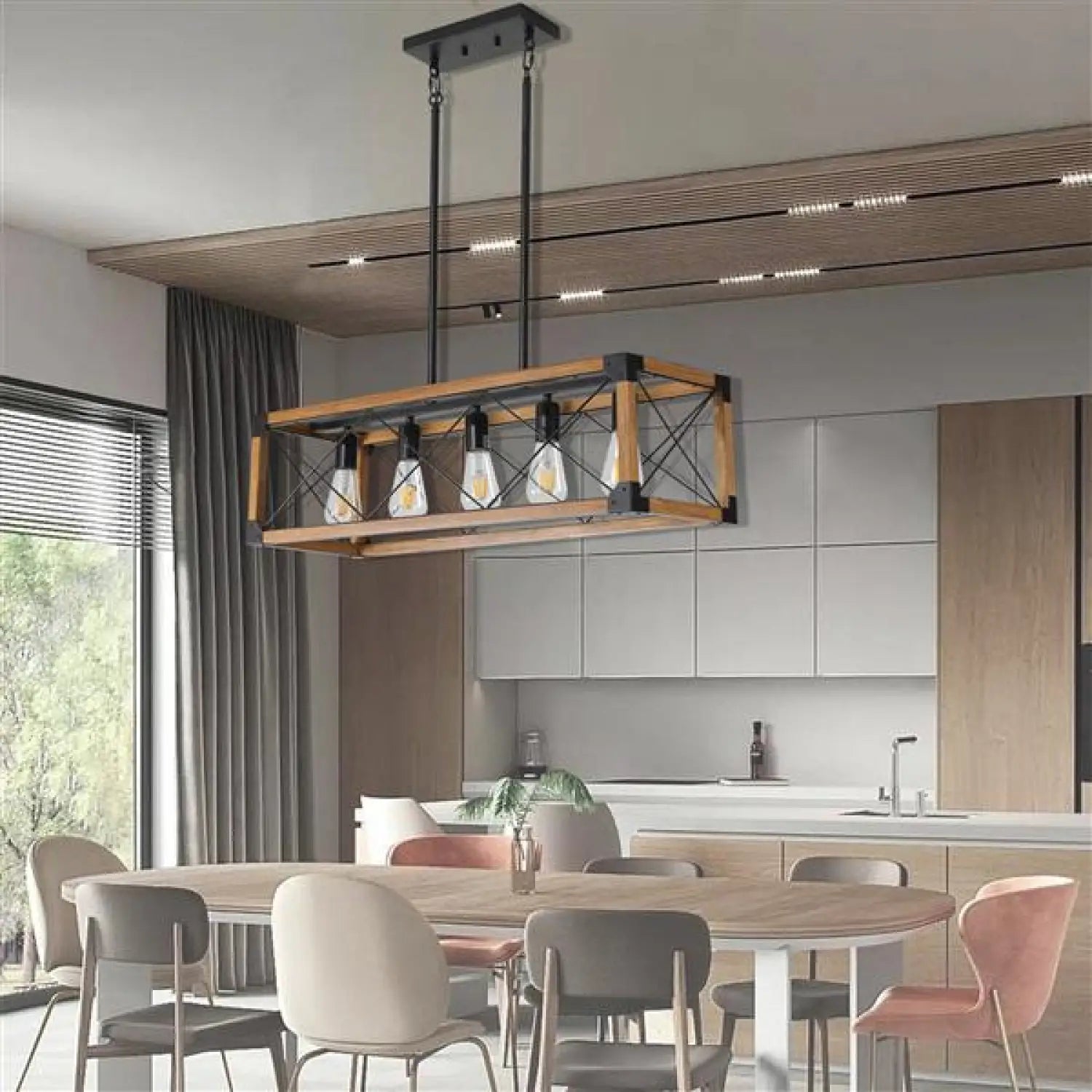 Vintage Wood Pendant Light – 5 Light Hanging Fixture - Wood - Light Fixture