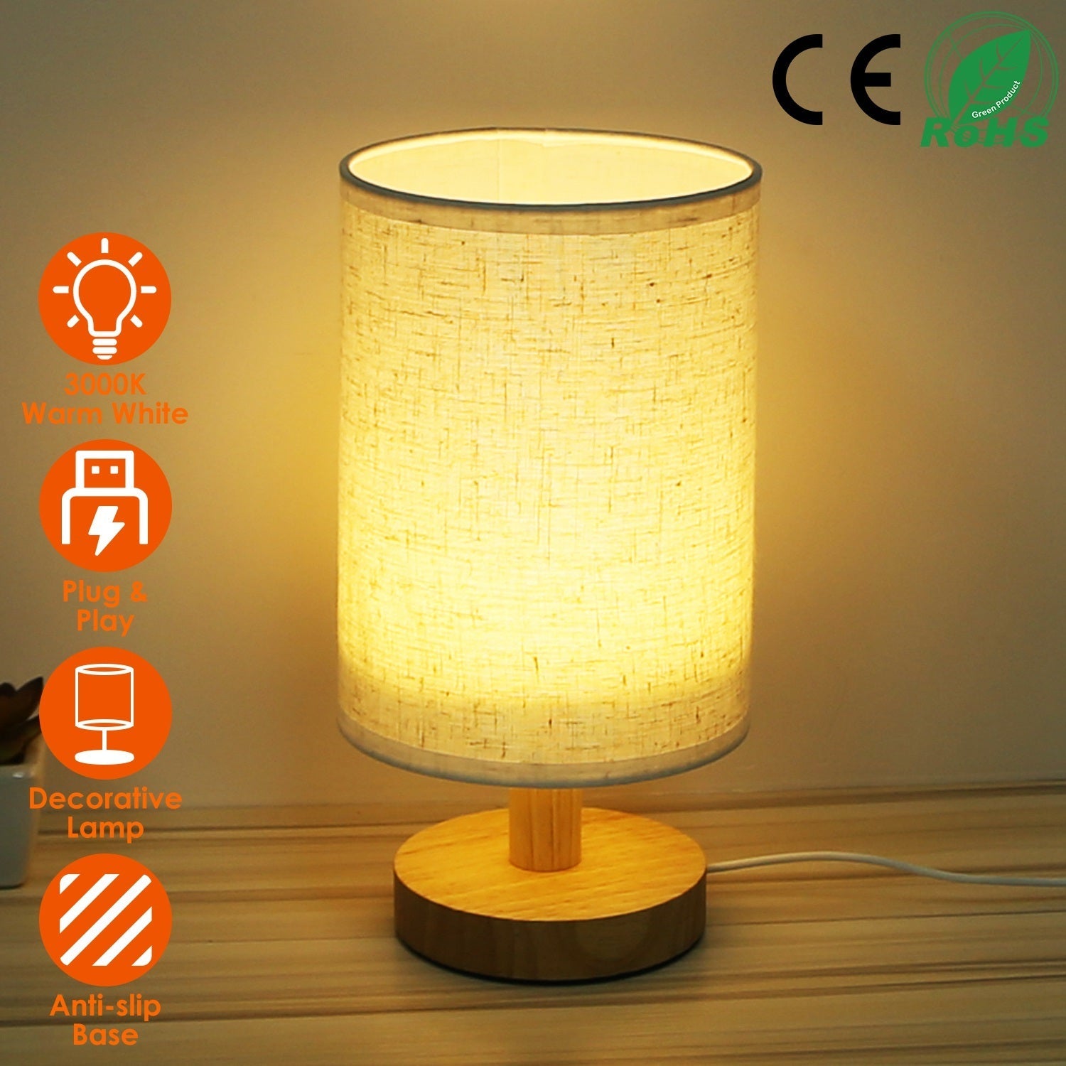 Warm White Bedside Lamp USB Plug Modern Bedroom Lamp Warm White 12V Hanging Light