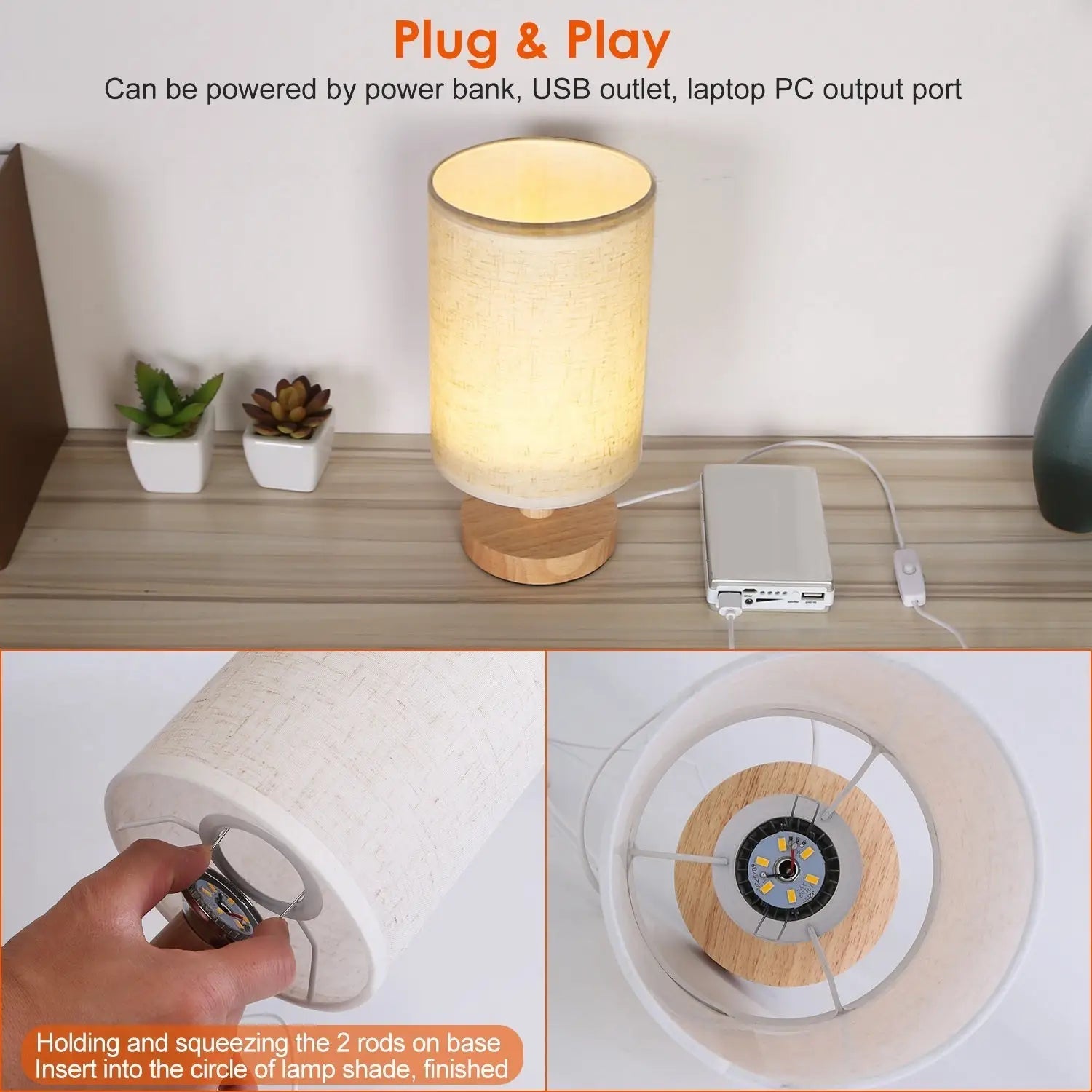 Warm White Bedside Lamp USB Plug Modern Bedroom Lamp Warm White 12V Hanging Light