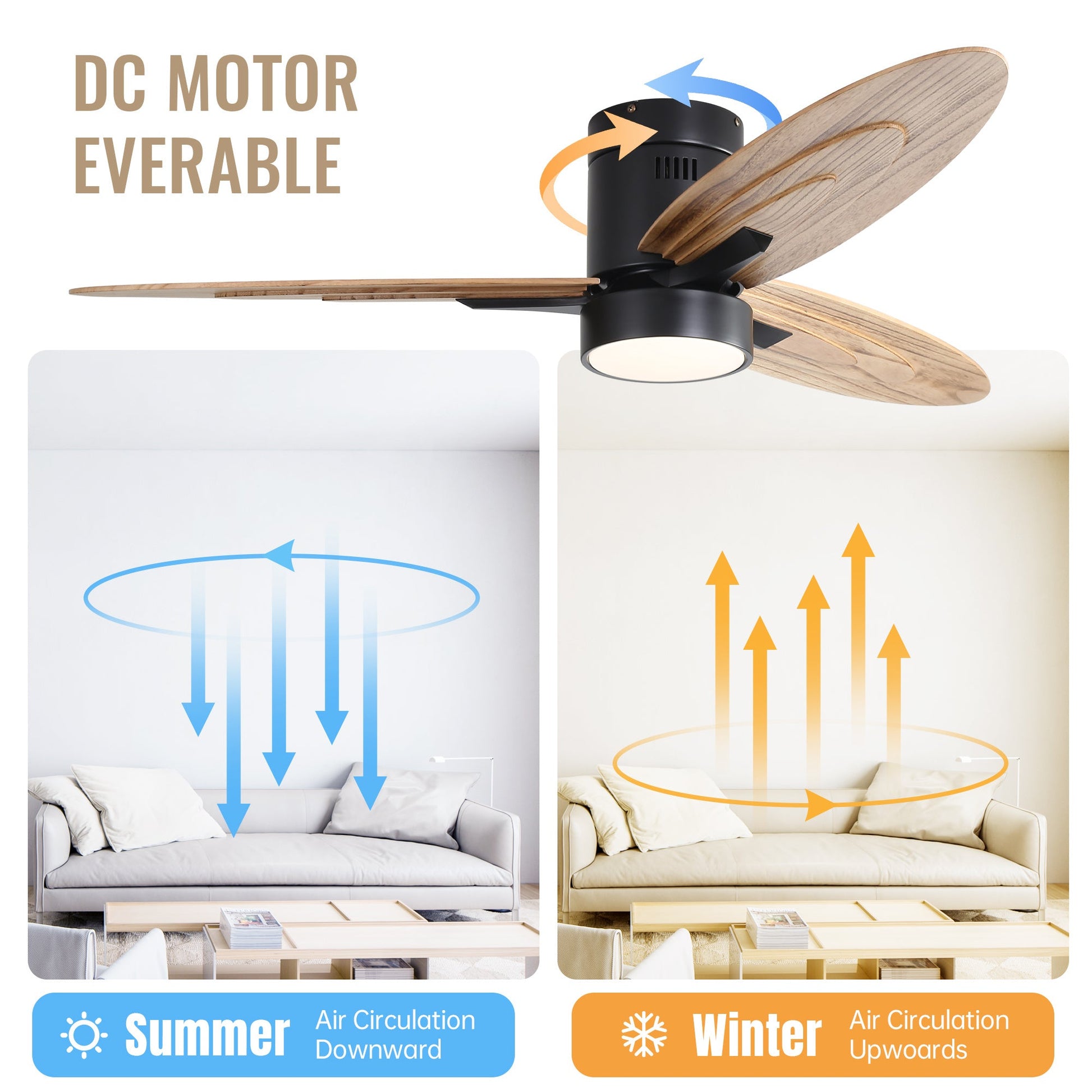Wooden Ceiling Fan with Light Reversible DC Motor Quiet & Modern Design - Black - Ceiling Fan