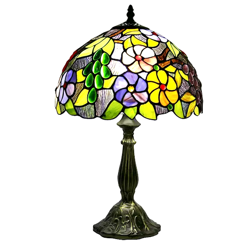 Grape & Daisy Pattern Tiffany Glass Tabletop Lamp